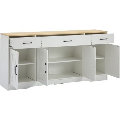 Aparador blanco moderno de MDF con 3 cajones y 4 puertas, 160 x 37 x 75 cm (1/5)