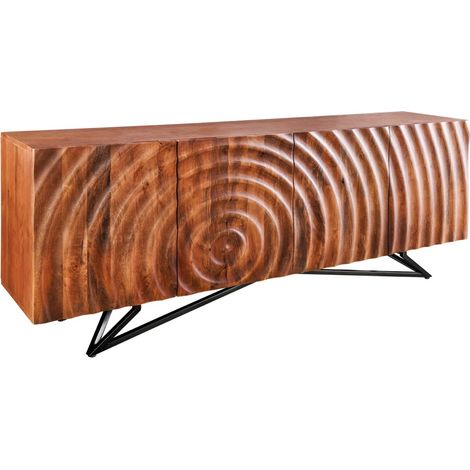 Buffet ZENWOOD 180 cm – Massivholz geschnitzt 3D und schwarzes Metall – 4 Türen