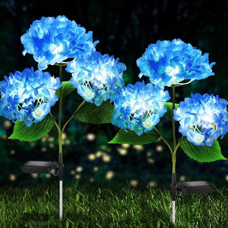 Lampes solaires décoratives d'extérieur - Lot de 2 lampes solaires de jardin en forme d'hortensia, étanches et réalistes, alimentées par des LED. (1/5)