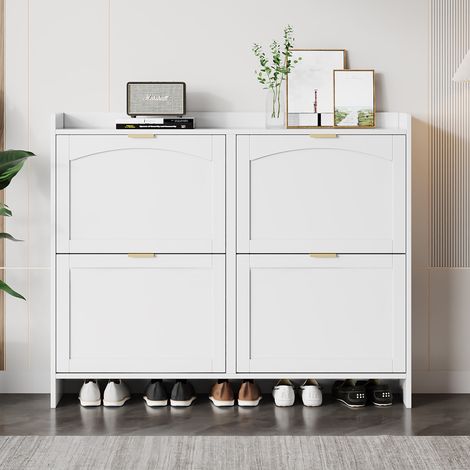 Meuble à Chaussures Blanc 110×24×90cm – 4 Portes Rabattables, Étagères Réglables, Rangements Cachés, Style Vintage