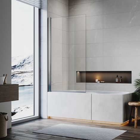 ELEGANT Shower Bath Screen 800x1400mm Frameless Square 5mm Toughened Safety Glass 180 Degree Pivot, Silver Aluminium Profile (1/4)