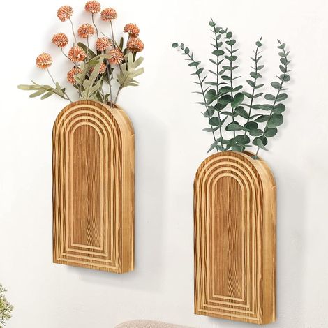 Vases muraux en bois, lot de 2 – Décoration marron de style bohème et rustique – Design moderne pour entrée, couloir, salon, salle de bain et salle à manger (1/5)