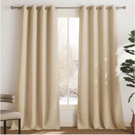 Pair Lot de 2 rideaux occultants thermiques 132x92 cm Isolation thermique et phonique Oeillets ronds Décoration chambre et salon Jaune beige