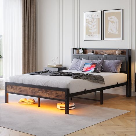 REDOM - Cama infantil 120x200 cm - con LED - cabecero de almacenaje - puertos USB y toma MDF metal - marrón antiguo (Sin colchón) (1/5)