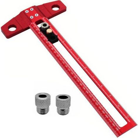 Outil traçage bois 2-en-1, règle positionnement perçage, marquage T alliage alu, échelle métrique/impériale, bagues perçage 6/8/10mm (1/5)