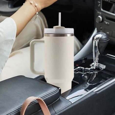 Mug Isotherme - - 1200 ML - Acier Inoxydable - Couvercle en Silicone - Beige (1/4)