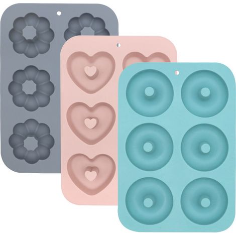 Moldes de silicona para donuts, con forma de corazón/flor/calabaza/redonda (juego de 6: azul/rosa/gris) (1/5)