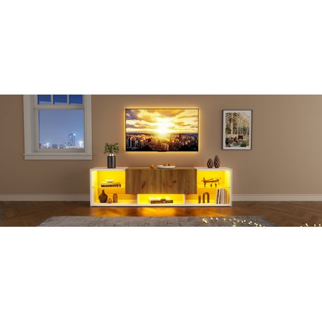 Meuble TV console à 3 niveaux pour téléviseurs jusqu'à 70", centre multimédia moderne avec plateau de rangement en verre et 2 tiroirs, meuble TV, adapté au salon et à la chambre, blanc (1/5)