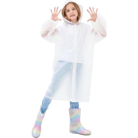 Completo antipioggia a 2 pezzi per bambini, unisex per maschietti e femminucce, impermeabile indossabile con cappuccio e maniche, poncho impermeabile per emergenze in campeggio, taglia unica, adatto a (1/4)