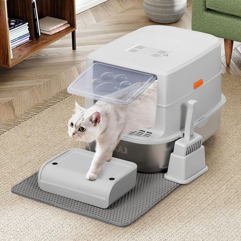 Litière pour Chats XXL avec Base en Acier de 36 litres et Repose-Pieds Anti-Sable, Filtre au Charbon Anti-Odeur, Porte Transparente, Pelle avec récipient, Tapis Anti-salissure, 58 x 42 x 40 cm (1/5)