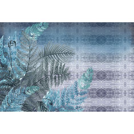 Papier peint panoramique nature design | Tapisserie panoramique bleu et gris à motif végétal | Papier peint panoramique salon tropical tendance - 267 x 400 cm (4 pièces) (1/2)