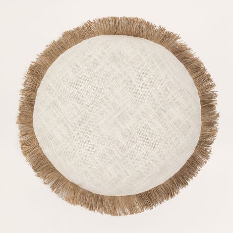 Sklum – Coussin rond en coton 40 cm – Rembourrage doux 100 % polyester – Texture agréable – Design moderne avec franges – Couleur beige lin (1/5)