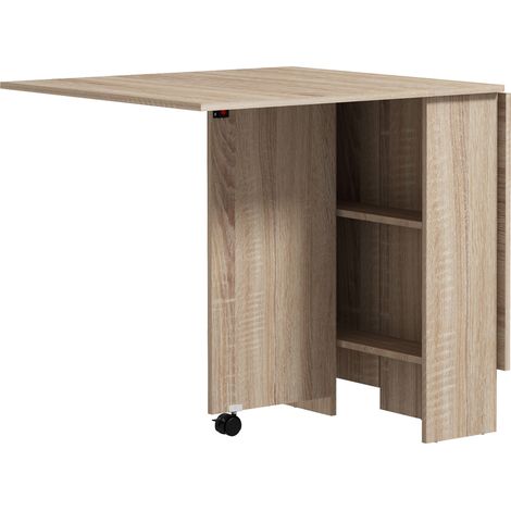 Table à manger roulante pliante 2 plateaux latéraux repliables et 2 étagères intégrées 140 x 80 x 74 cm bois naturel (1/5)