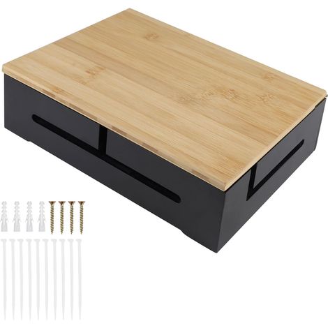 Bamboo Cable Management Box 32×22×11 cm, Desk Cable Management with Magnetic Lid, Cable Storage Box, Cable Cover for TVs, Chargers and Power Strips (Black) (1/5)