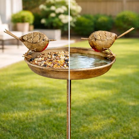 Metal Bird Bath with Robin Ornaments 81cm Standing Garden Bird Bath & Feeder Outdoor Decorative Bird Bath with Ornament