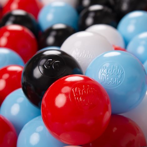Lot de 200 balles en plastique KiddyMoon de 6 cm, noires, blanches, rouges et bleu clair. (1/2)