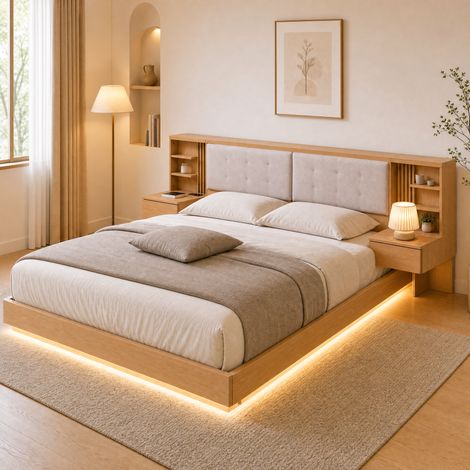 Lit flottant 180x200 cm avec tête de lit de rangement, prise USB et tiroirs bois naturel et beige - PANGIVO (1/5)