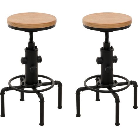 Lot de 2 tabourets de bar chaise haute design industriel réglable en hauteur avec repose-pieds rotatif en acier et bois massif naturel TDB04086