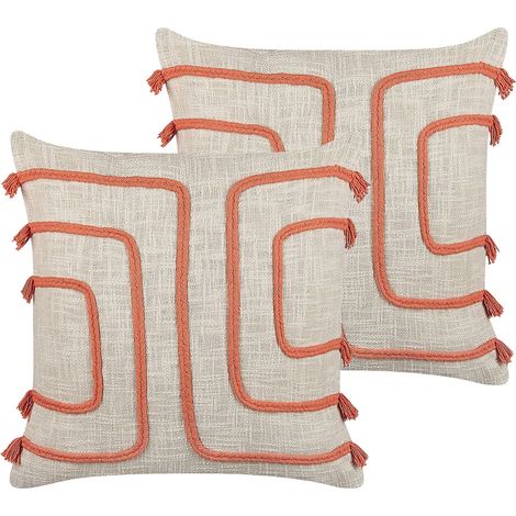 Dekokissen 2er Set Hellbeige und Orange Baumwolle 45 x 45 cm Bezug mit Füllung Reißverschluss Strukturiert Geometrisches Muster Boho Wohnzimmer (1/5)