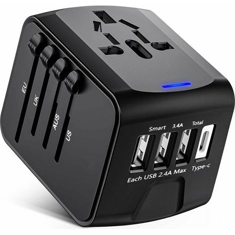 Adaptateur De Voyage Universel - USB-C + 3 Ports USB - Prises UK EU AU US AS - 100-250 V - 6,3 A - 120 G (1/5)