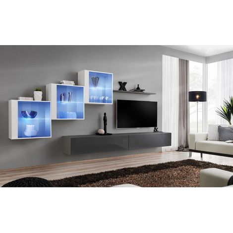 Ensemble mural - Switch XX - 3 vitrines - 2 bancs TV - 1 étagère - Blanc et graphite - Modèle 1 - Livraison gratuite