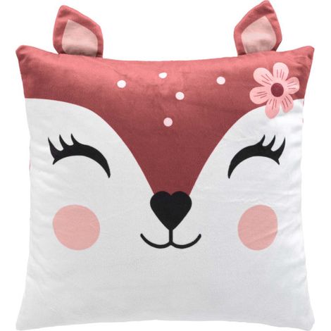 Coussin Déhoussable Compressé 40 x 40 cm – Velours Imprimé "Bichette" pour Enfant - 40x40cm - Rose (1/3)