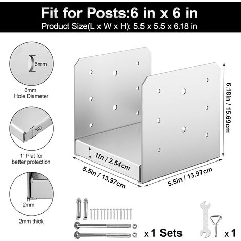 Support de Poteau Bois 6''x6'' 152x152 mm Base d'Ancrage Poteaux Acier Inoxydable Taille Interne 140x150 mm avec Accessoire pour Rambarde (1/4)