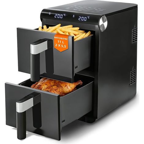 GBLY Heißluftfritteuse 2 Kammern 11L 13-in-1 Dual Zone Doppelkammer 2800W Touchscreen Timer Spülmaschinenfeste Körbe Für Familie
