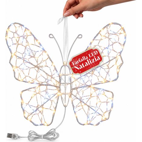 Farfalla Luminosa Led Bianca 50x40 Cm – Lampada Decorativa In Ferro Con Filo Dorato, Luci Bianche Calde E Fredde, Alimentazione Usb E Gancio (1/5)