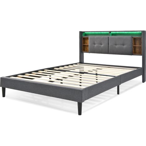 Lit double capitonné avec tête de lit de rangement, USB et LED, 140 x 200 cm, gris (1/5)