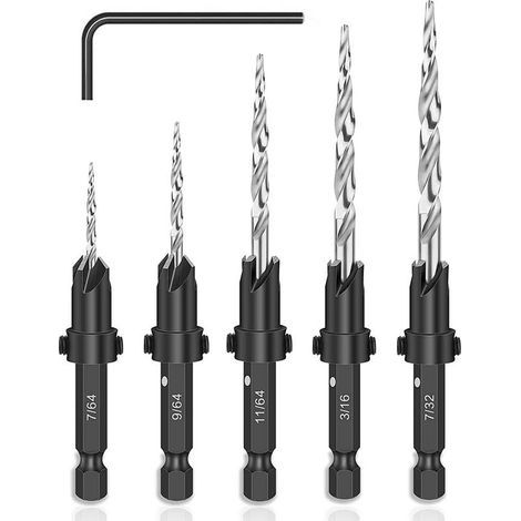 5Pcs Forets Fraise à Chanfrein en Tige Hexagonale de 1/4 Pouce Set de Foret Fraisage Bois HSS avec Petite Clé, Kit de Mèche Hélicoïdale Conique en Acier Rapide pour Poinçonnage et Chanfreinage (1/5)