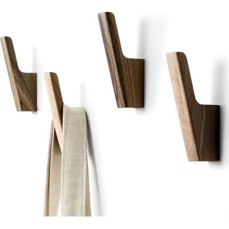 Garderobenhaken - Set mit vier Haken - Dunkelwalnuss oder hellgraue Holzhaken, moderner Landhausstil, praktisch für den Flur (Walnuss). (1/5)