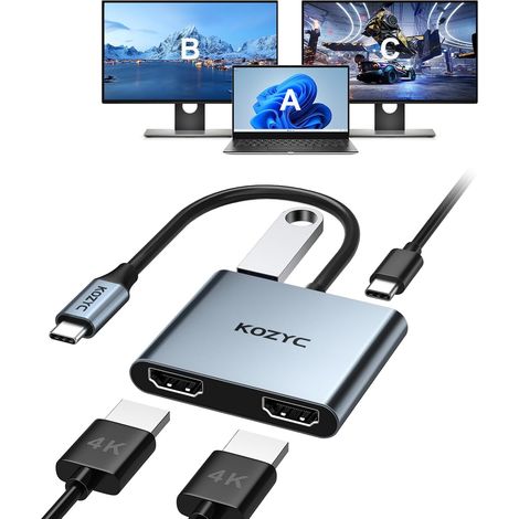 USB C to Dual HDMI Adapter, USB C Hub Multiport Adapter avec 2 HDMI 4k, USB 3.0, 100W PD (1/5)