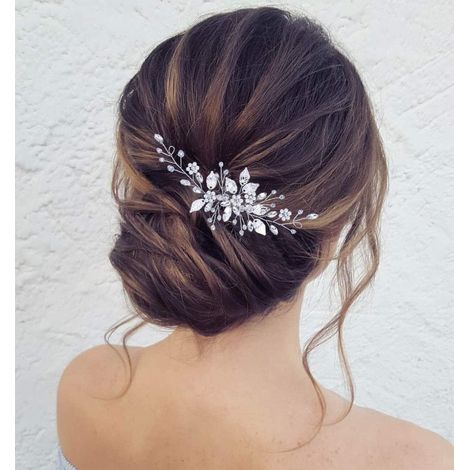 Horquilla para el cabello de boda, peineta, tocado de flores y perlas, accesorios para el cabello de novia con hojas de cristal para mujeres y niñas (Plata) (1/5)