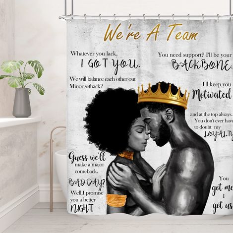 Rideau de Douche Afro-américain Noir Roi et Reine Afro Romantique Couple Homme Femme 152,4 x 183 cm (l x H x H) Vintage Positif Citations inspirantes Tissu décor Salle de Bain Polyester (1/5)