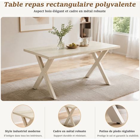 GOEURVANT Table de repas 4-6 personnes effet Travertin, plateau monobloc sans joint, pieds en X métal, style contemporain (1/5)