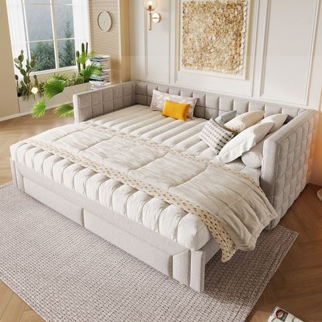 Lit gigogne 90x200cm extensible à 180x200cm - Lit banquette en Velours avec Dossier Carré et 2 Tiroirs – Beige (1/5)