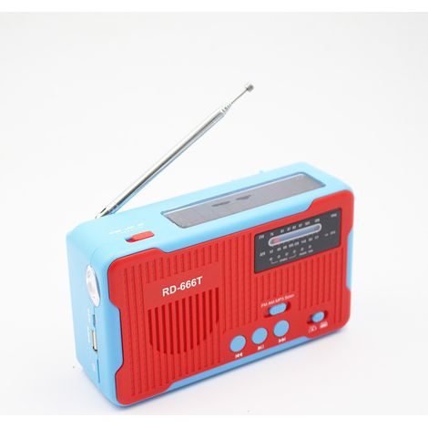 Radio d'urgence AM/FM à énergie solaire, alarme à manivelle, lampe torche, pile rouge. (1/5)