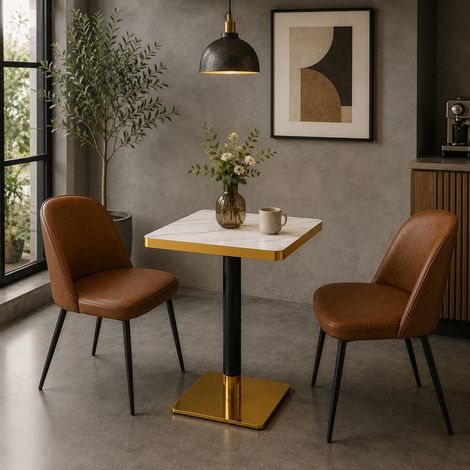 Tavolo da pranzo 60x60x74 cm, effetto marmo con bordo dorato, per 2 a 4 persone, MDF e metallo, bianco (1/5)