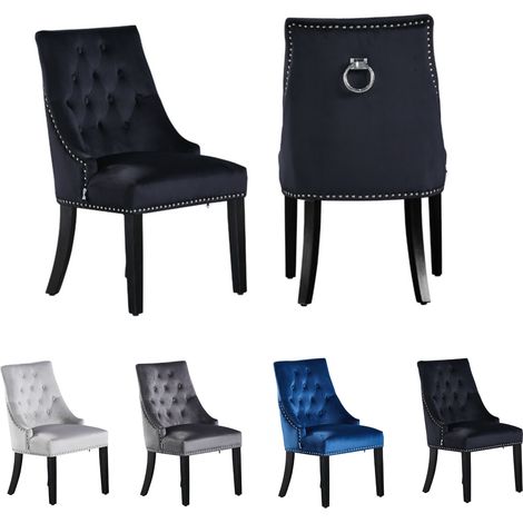 Set di 2 sedie da pranzo Windsor Velvet con gambe in legno - Sedia da pranzo Ring Knocker Back - Sedia imbottita - Sedia da pranzo moderna - Cucina, soggiorno - Nero