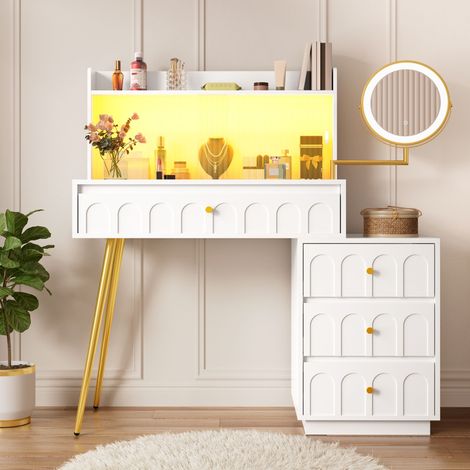 Coiffeuse Chambre 112×40×116cm Table de maquillage avec miroir LED orientable et porte coulissante en verre 4 Tiroirs 1 étagère pour chambre salon Blanc
