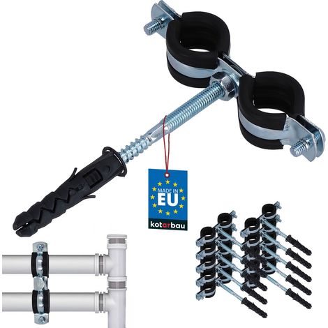 KOTARBAU® 10 pces. Collier de Serrage Tuyau - Acier Galvanisé - 1/2" - Double - Fixation pour Tube - Collier de Fixation - avec Joint en Caoutchouc - Fixation pour Tube - avec Chevilles - Noir Argenté (1/5)