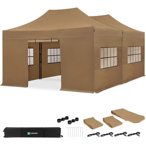 VONROC Tente de réception 6x4,5 m beige lot 2 tonnelles avec parois et kit de connexion étanche UV 50+ S3 PT502XX (1/4)