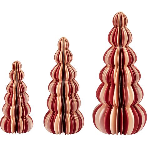Set di 3 statuette a forma di Alberi di Natale in carta a nido d'ape beige e rosso Dhaulagiri