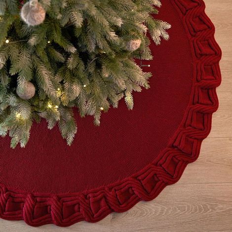 Knitted Christmas tree skirt -  - 122 cm - Red - Soft acrylic knit - 3 fasteners - Reusable