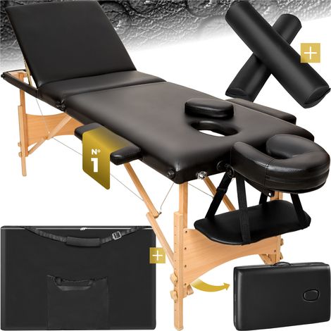 Table de massage portable pliante en bois et cuir synthétique noir (1/5)