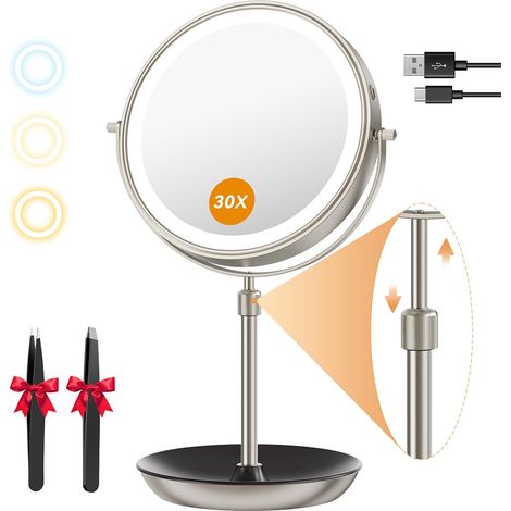 Miroir Grossissant Lumineux 3000mAh, Hauteur Réglable, Nickel Grossissement 30X pour sourcils, eye-liner et soins du visage, 3 modes d'éclairage pour un maquillage précis à tout moment (1/5)