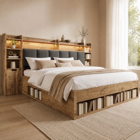 Letto in legno color rovere 180x200 cm con illuminazione a LED, porte USB/USB-C, vano contenitore, comodini mobili e rete a doghe inclusi. (1/5)