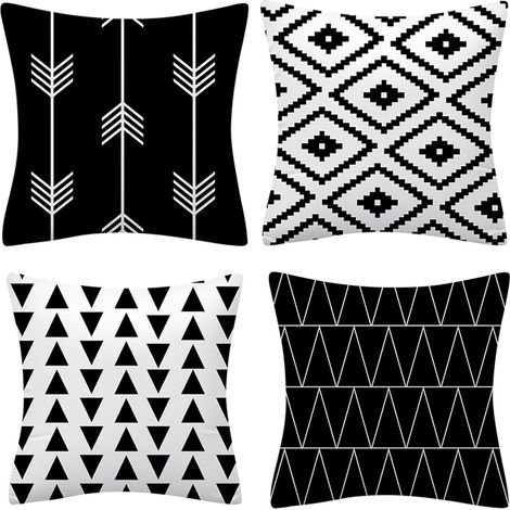 Lot de 4 housses de coussin carrées décoratives en velours doux avec motif géométrique pour canapé, chaise, lit, salon, extérieur, terrasse, jardin - Noir et blanc - 45 x 45 cm (1/5)