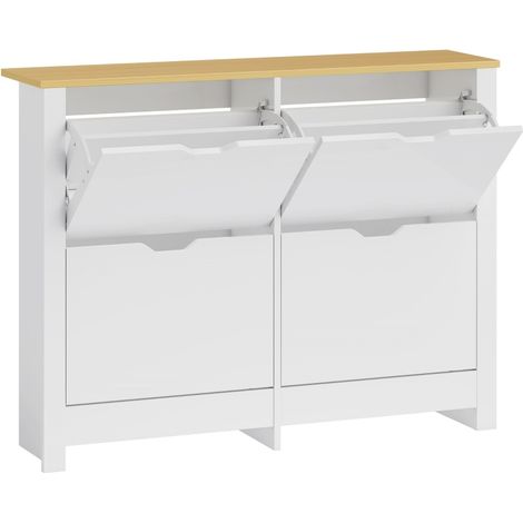 Meuble à chaussures fin avec 4 abattants, rangement jusqu’à 16 paires, plateau décoratif, sécurité anti-basculement, blanc, 105 x 26 x 80 cm  CHICFURN (1/5)
